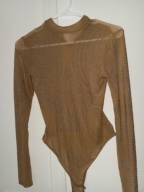 iris Brown Studded Long-Sleeve Sheer Bodysuit